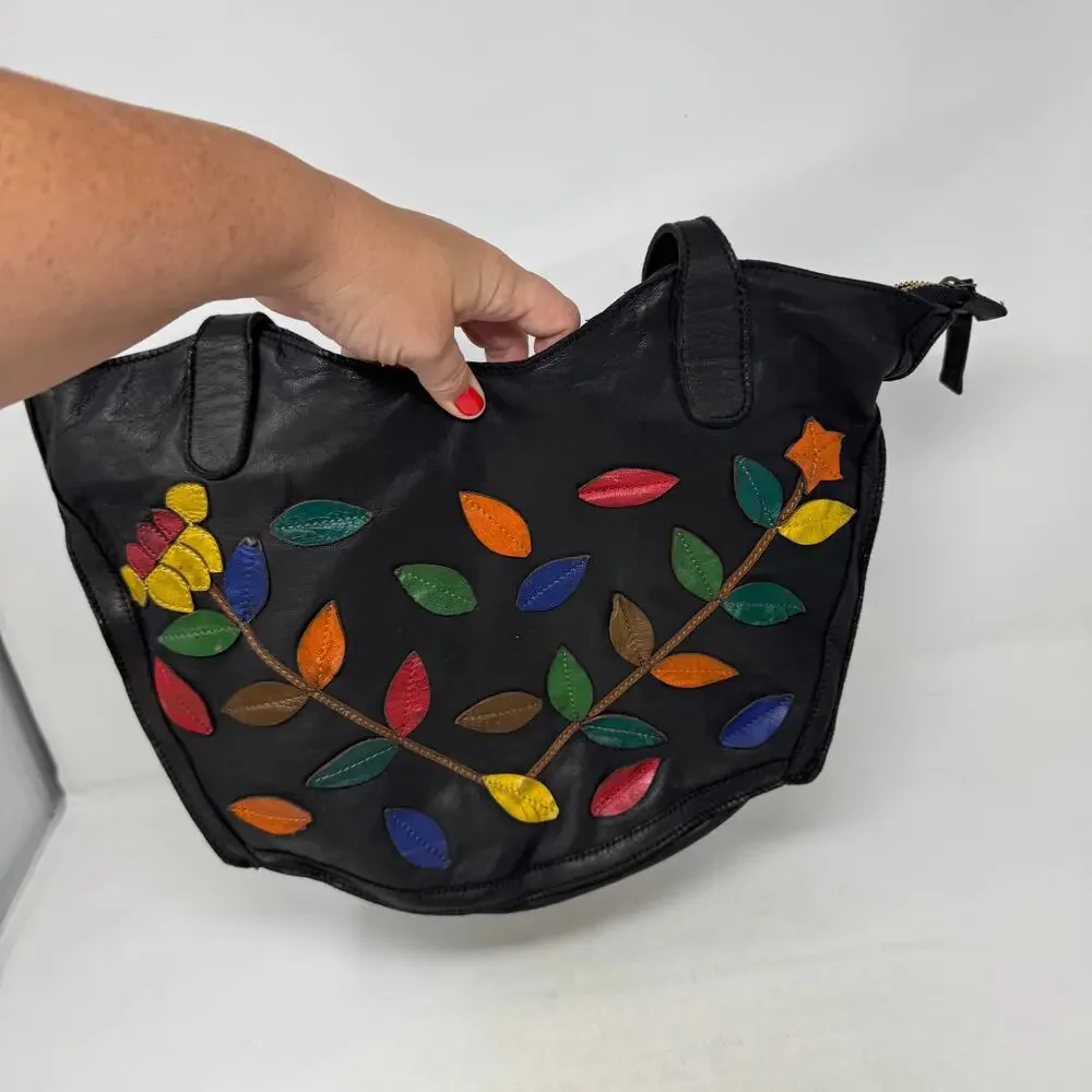 Belleza Mandova Black Leather Shoulder Bag Multicolor Leaf‎ Appliqué